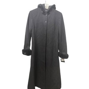 Donny Brook Faux Fur Trim Hooded Long Trench Coat Black‎ Wool Blend 16 NWT